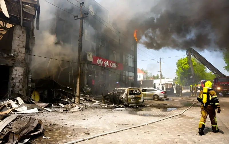 Firefighters extinguishing a major fire in a shopping center, thick black smoke rising into the sky, building and cars burning