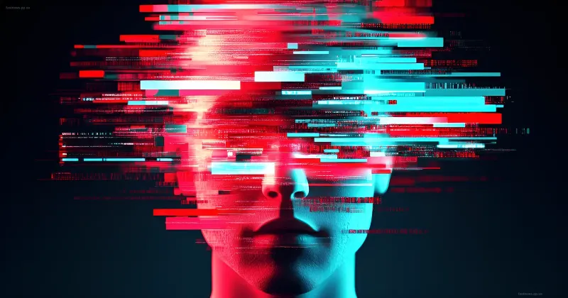 Human face with a digital distortion effect in red and blue tones, symbolizing the fusion of human and artificial intelligence in art