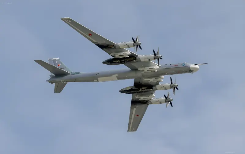 Российский стратегический бомбардировщик Ту-95МС в полете на фоне голубого неба, символизирующий угрозу воздушных атак