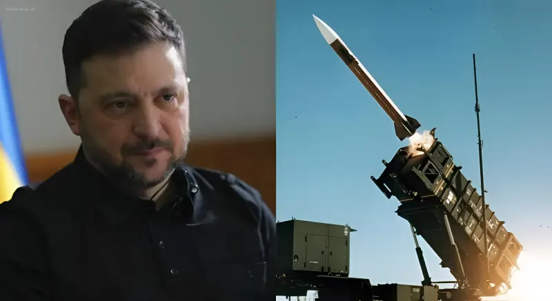 Колаж із Володимиром Зеленським та запуском ракети Patriot PAC-3