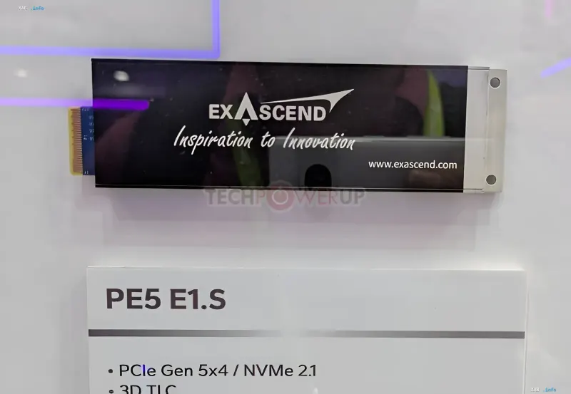 Прототип SSD Exascend PE5 E1.S с поддержкой NVMe 2.1 и PCIe Gen 5x4, представленный на выставке Computex 2026