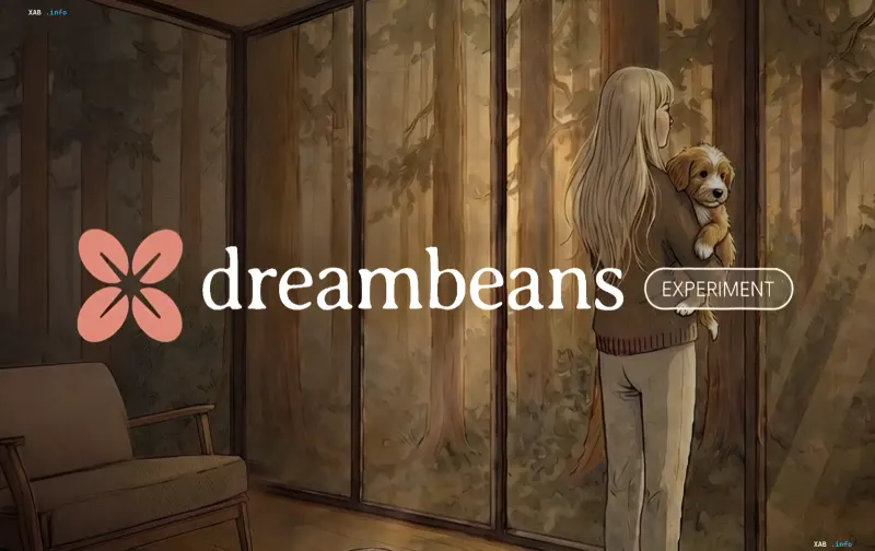 Логотип Dreambeans на фоне иллюстрации: девушка с собакой смотрит в окно на лес, символизируя наблюдение ИИ-журналиста за частной жизнью