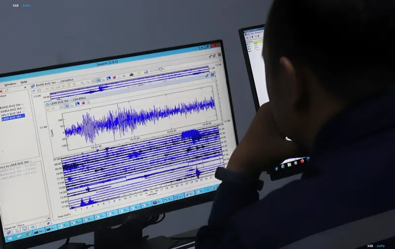 Специалист анализирует данные сейсмического мониторинга на компьютере — график вибраций после землетрясения магнитудой 2,1 в Ивано-Франковской области