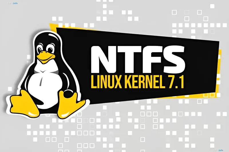 Логотип Linux с пингвином Tux и надписью NTFS Linux Kernel 7.1, символизирующий интеграцию NTFS в ядро Linux