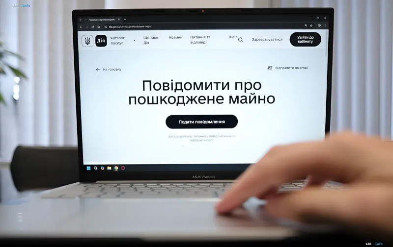 Человек заполняет форму в приложении «Дія» для подачи уведомления о поврежденном имуществе — шаг к получению компенсации