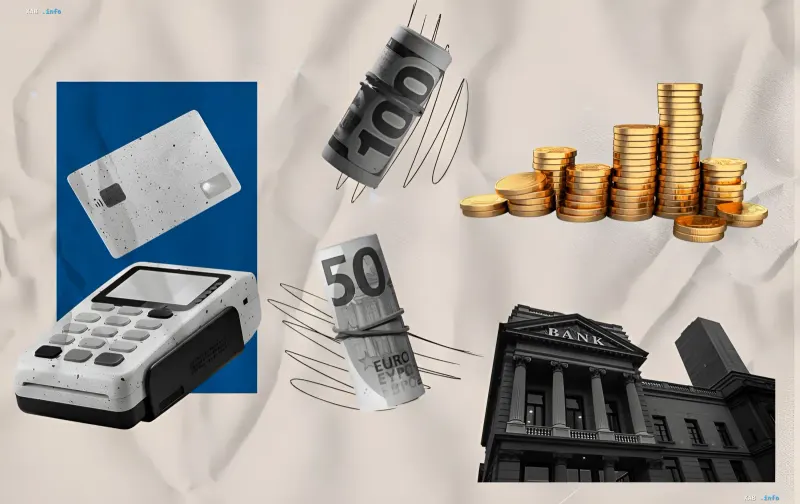 Kollage mit Bankkarte, Zahlungsterminal, Goldmünzen, Euro-Scheinen und einem Bankgebäude – Illustration von Währungskursänderungen und Entwicklungen im Bankensektor