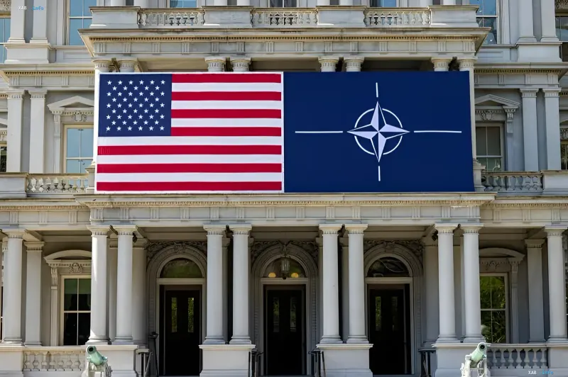 US flag and NATO flag on the facade of a building, symbolizing protection and power projection in the context of Mark Rutte redefining NATO's mission