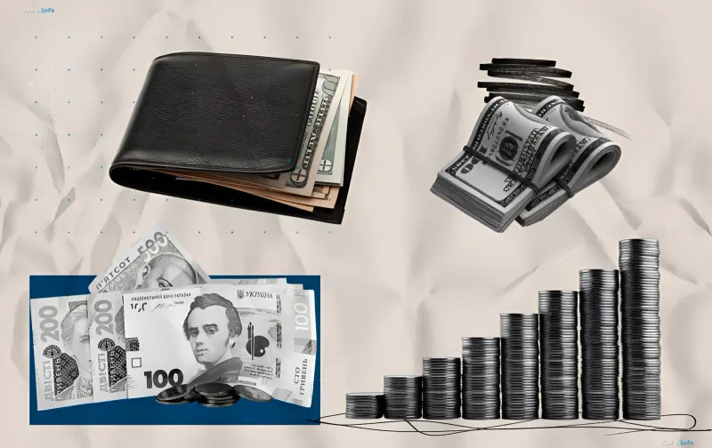 Diagramm mit steigenden Dollar- und Euro-Kursen in ukrainischen Banken mit Hrywnja-Scheinen, US-Dollar und wachsender Münzstapel