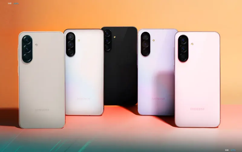 Series of Samsung Galaxy A27 5G smartphones in various colors with triple camera and Samsung logo on the back panel