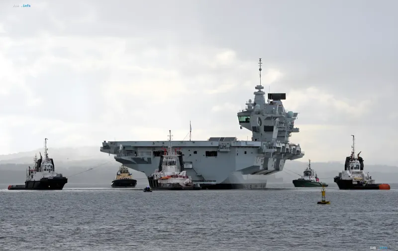 Британский авианосец HMS Queen Elizabeth под буксировкой буксиров в туманной Атлантике, символизирующий смену военной стратегии