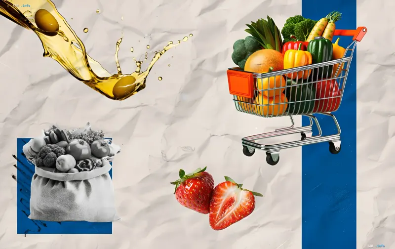 Колаж із продуктами: кошик із овочами та фруктами, мішок із продуктами, оливкова олія та полуниця — ілюстрація до статті про ціни на продукти в українських супермаркетах 30 червня