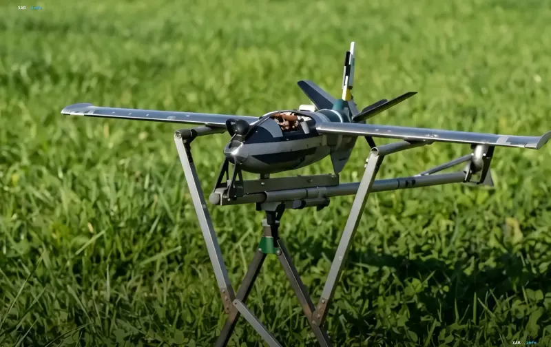Suicide drone on the launch platform of the 'TALION' system on a green field