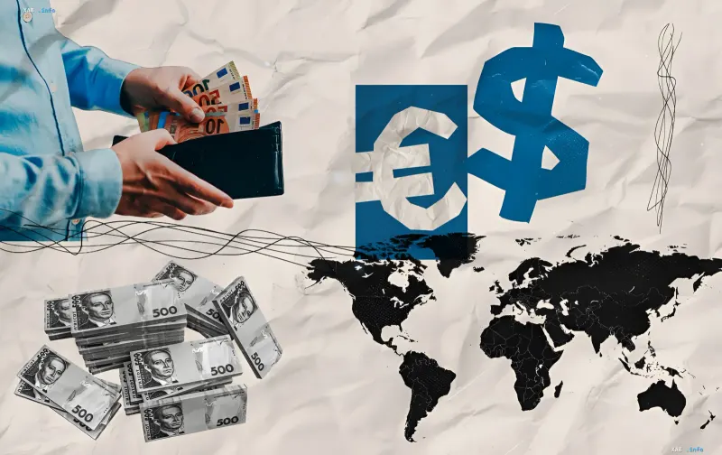 Collage mit Händen, die Euro und Dollar halten, Währungssymbolen und Weltkarte — Illustration für Nachrichten über den Rückgang des Dollar- und Euro-Kurses am 1. Juli
