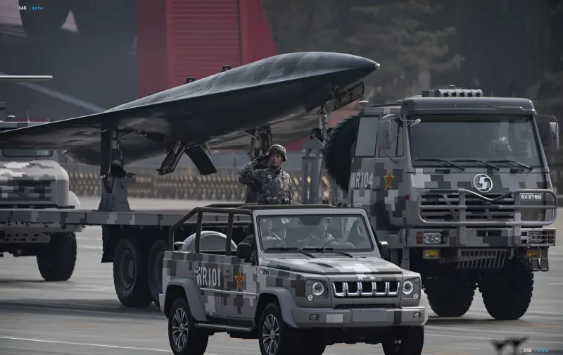 Chinese military truck with drones and soldier in camouflage during exercises in Beijing — symbol of covert military-technical cooperation between Russia and China