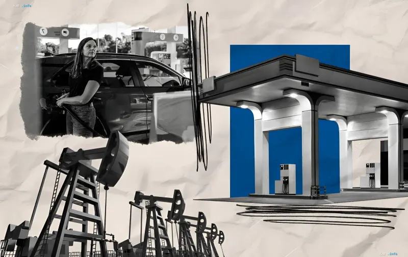 Frau tankt Auto an Tankstelle mit Ölpumpen und modernem Kraftstoffterminal im Hintergrund; Illustration zum Artikel über Kraftstoffpreise in der Ukraine am 1. Juli