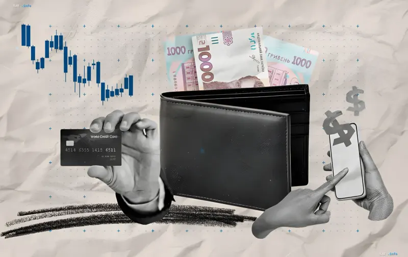Geldbörse mit Hrywnja, Kreditkarte und Währungskursdiagramm: Dollar fällt, Euro steigt in der Ukraine