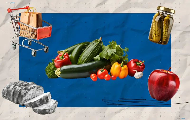 Kollage von Lebensmitteln: Einkaufswagen mit Taschen, frisches Gemüse (Zucchini, Paprika, Tomaten), Brot, Apfel und Glas Gurken — Illustration zur Preisübersicht in ukrainischen Supermärkten am 3. Juli
