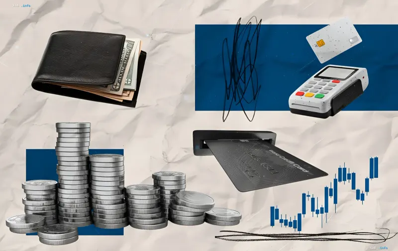 Kollage mit Geldbörse, Münzen, Kreditkarte und Währungskursdiagramm: Dollar und Euro am 8. Juli