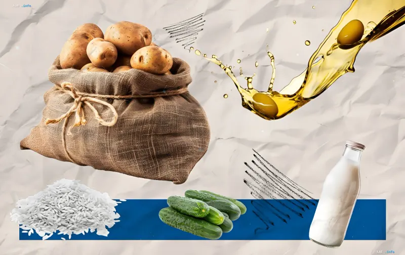 Sack mit Kartoffeln, Reis, Gurken, Olivenöl und Milch — Grundnahrungsmittel, deren Preise sich in ukrainischen Supermärkten am 7. Juli ändern