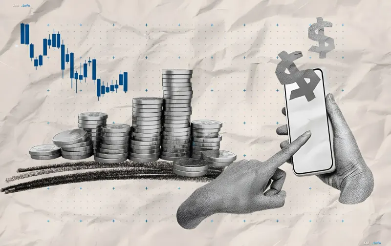 Fallender Währungsgrafik, Münzstapel und Smartphone mit Dollar-Symbol — Illustration der Senkung des Dollar- und Euro-Kurses durch die NBU