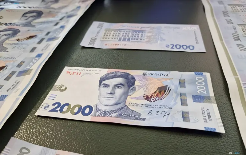 Neue 2000-Hrywnja-Banknote mit Porträt des ukrainischen Dichters und Dissidenten Wasyl Stus, die auf einem Tisch neben anderen Geldscheinen liegt