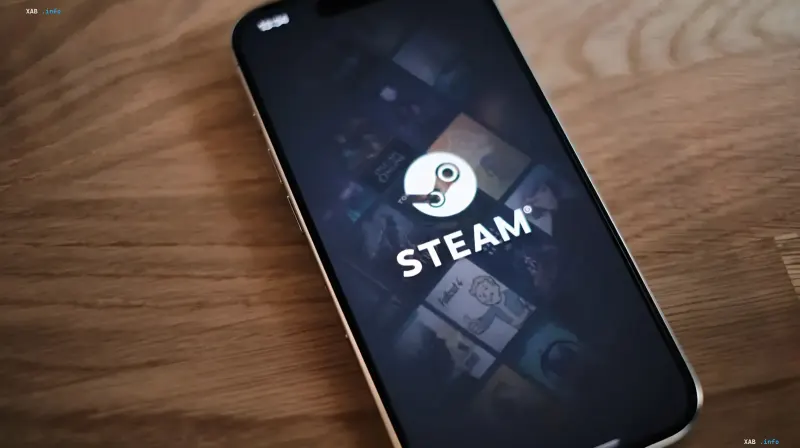 Steam logo on a smartphone screen, illustrating survey results on gamers' readiness to buy AI-generated games