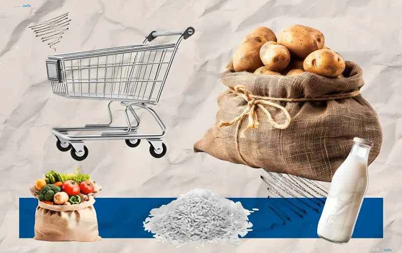 Kollage von Lebensmitteln, einschließlich Kartoffeln, Gemüse, Reis, Milch und einem Einkaufswagen, der Preisänderungen in ukrainischen Supermärkten illustriert