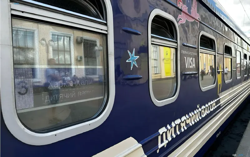 Children’s train carriage of Ukrzaliznytsia with Visa logo, symbolizing the joint initiative to teach financial literacy to children during travels across Ukraine