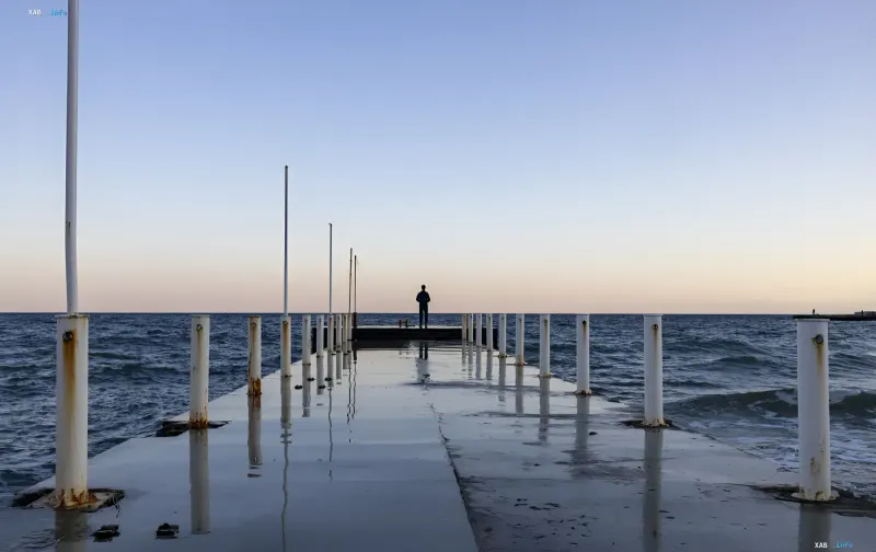 Lonely figure on a pier in the Black Sea at sunset — symbol of concern for regional ecology following mass dolphin deaths