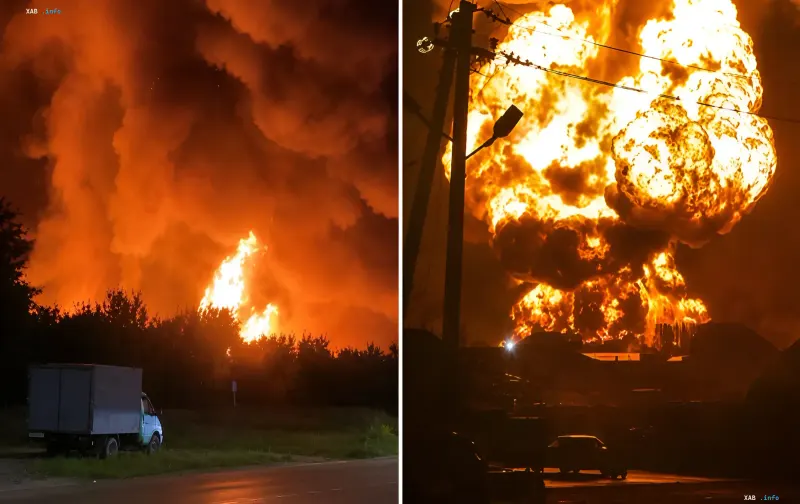 Massive explosion and fire at a Russian infrastructure facility at night, illustrating SBU strikes in the rear