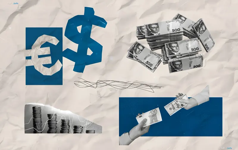 Collage featuring dollar and euro symbols, stacks of 500 UAH banknotes, charts, and currency exchange — illustrating the news about record-breaking dollar rates and NBU’s new banknote preparation
