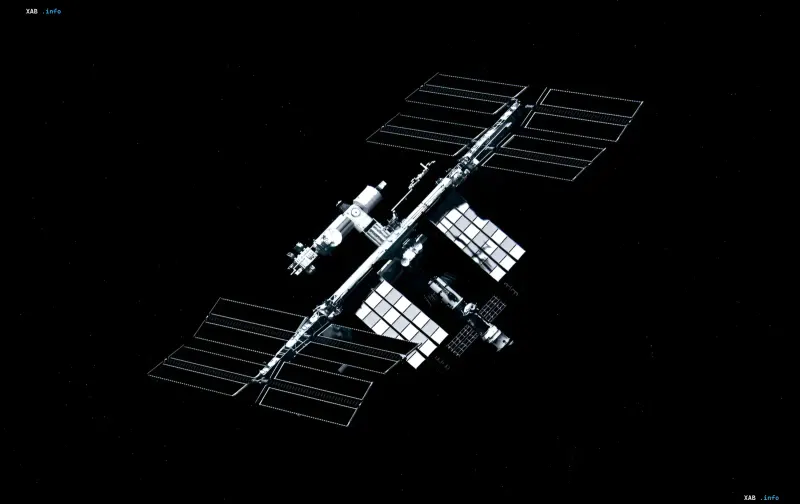 Международная космическая станция на фоне звездного неба, где проводятся эксперименты по рентгеновскому исследованию в невесомости