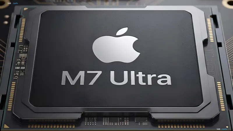 Powerful Apple M7 Ultra chip with the Apple logo and M7 Ultra inscription, showcasing the company's technological superiority and ambitions to compete with NVIDIA in the high-performance processor market.