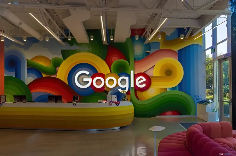 Логотип Google на цветной стене в офисе, символизирующий 25-летие Google Картинки и эволюцию от поиска по тегам к генерации изображений