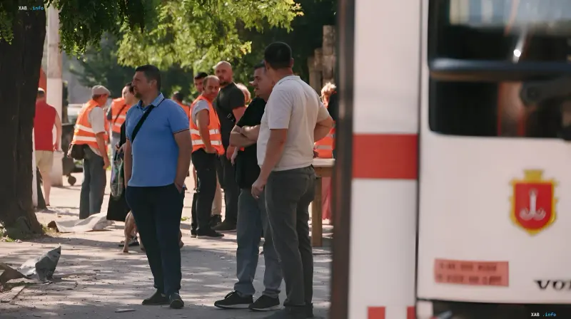 People and rescuers at the site of attack aftermath in Odesa, near an emergency vehicle