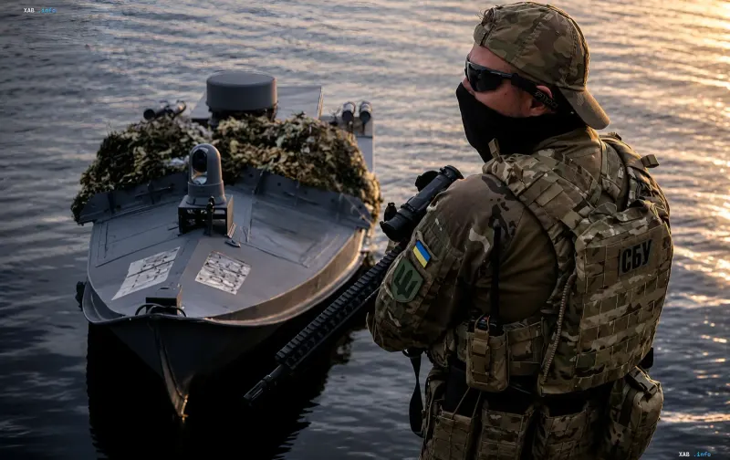 Ukrainian SBU operative next to combat drone-catamaran 'Mamai' in the Black Sea, preparing to attack Russian tankers