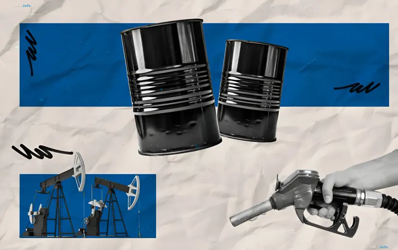 Рост цен на бензин: бочки с нефтью, нефтяные вышки и заправочный пистолет на фоне синего и белого дизайна