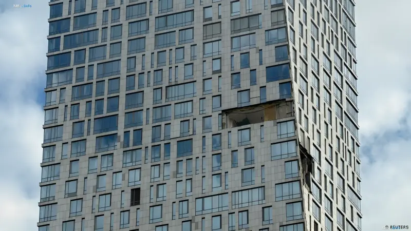 Damaged building in Moscow after drone attack — aftermath of strike on residential tower
