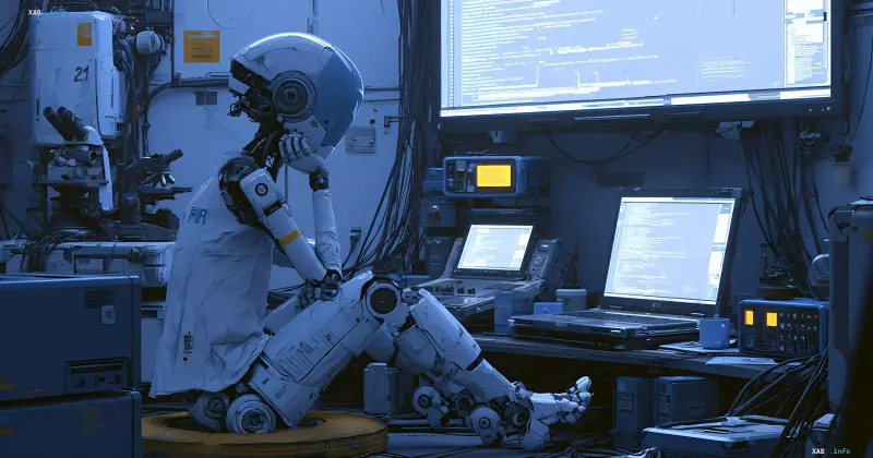 Robot programmer analyzes code on a monitor in a lab, symbolizing the process of cleaning AI-generated garbage
