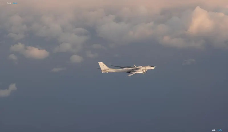 Strategic bomber Tu-95 in flight above clouds, target of SBU operation at Engels airfield
