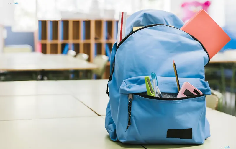 Blauer Schulrucksack mit Lehrbüchern und Schreibwaren auf einem Tisch — Symbol des Schulpakets für Erstklässler im Jahr 2026