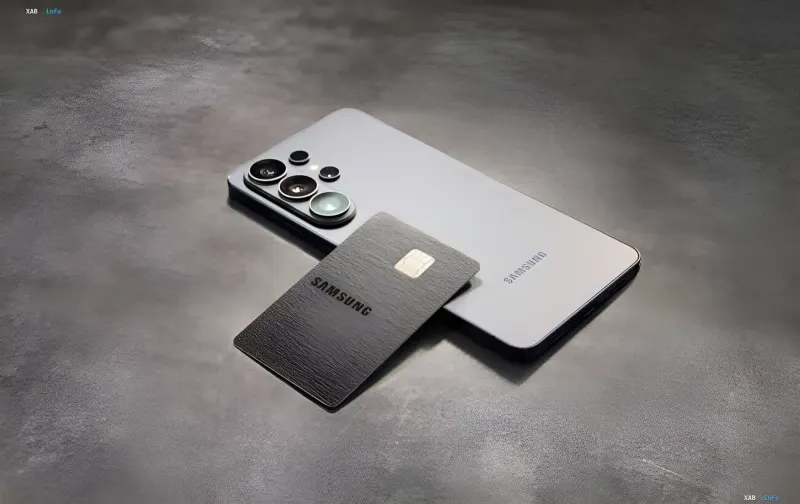 Черная кредитная карта Samsung Galaxy Card лежит на белом смартфоне Samsung Galaxy S23 Ultra, символизируя кэшбек до 5% на технику бренда