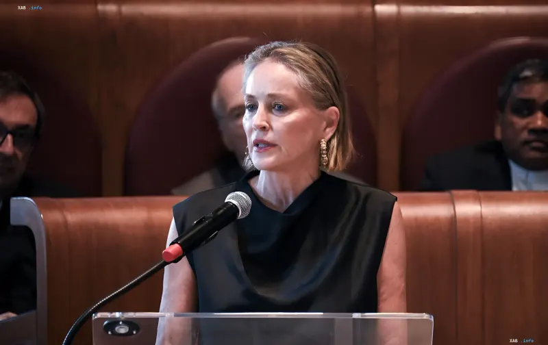 Sharon Stone speaks at a public event, showcasing her resilience after recovering from a stroke