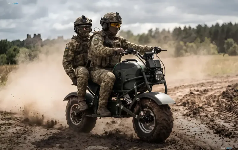 Ukrainian military personnel on the MUL.E electric motorcycle with generator in the field