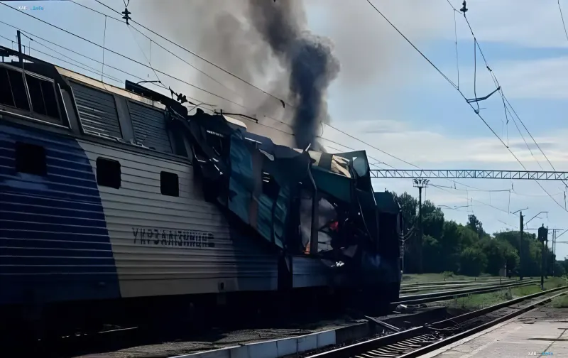 Згорілий локомотив пасажирського поїзда після атаки дрона в Дніпропетровській області, чорний дим піднімається в небо