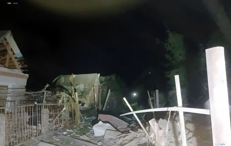 Destroyed house in Sumy after a Russian airstrike at night, debris and damaged walls