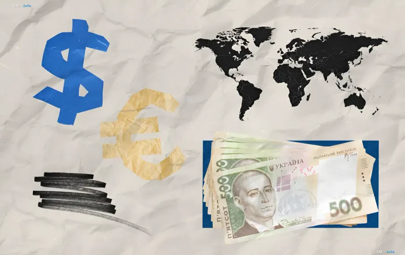 Dollar- und Euro-Symbole vor Weltkarte und ukrainischen 500-Hrywnja-Scheinen — Visualisierung steigender Wechselkurse in der Ukraine am 28. Juli