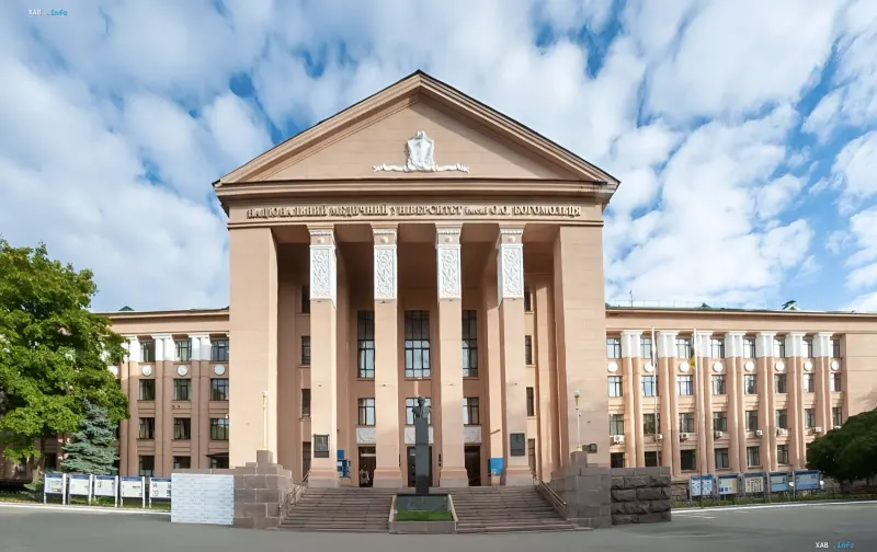 Главное здание Национального медицинского университета имени Богомольца в Киеве на фоне голубого неба