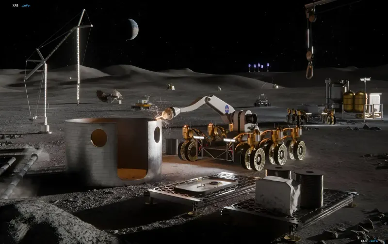 NASA-branded robotic excavator welding a metal structure on the Moon's surface, preparing infrastructure for future human missions
