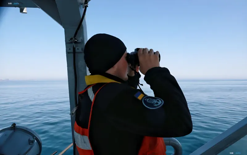 Ein ukrainischer Seemann mit Fernglas beobachtet den Horizont im Schwarzen Meer, was Wachsamkeit und Schutz vor Bedrohungen, einschließlich Drohnenangriffen auf Schiffe wie den Containerschiff Yanina, symbolisiert.